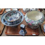 Tray of pottery to include; 19th Century Japan Amherst stoneware pedestal bowl, Copeland pedestal
