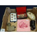 Box of oddments to include; ceramic tile, hardstone book shaped paperweight, two ebony dressing