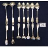 Set of five Georgian silver fiddle pattern teaspoons, three Victorian silver fiddle pattern salt