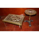 Pierced brass rectangular shaped trivet or kettle stand on four legs, together with a 19th Century