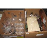 Box of assorted glassware to include; decanters, carafe, two handled bowl etc. Together with another