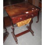 Victorian mahogany ladies work table with frieze drawer, fabric bag, pole stretcher and scrolled N