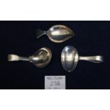 Three silver caddy spoons, various. 1.3 troy ozs aprpox. (3) (B.P. 21% + VAT) All are hallmarked,