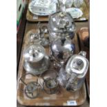 A tray of good quality silver plate to include; spirit kettle on stand, condiment set with anchor