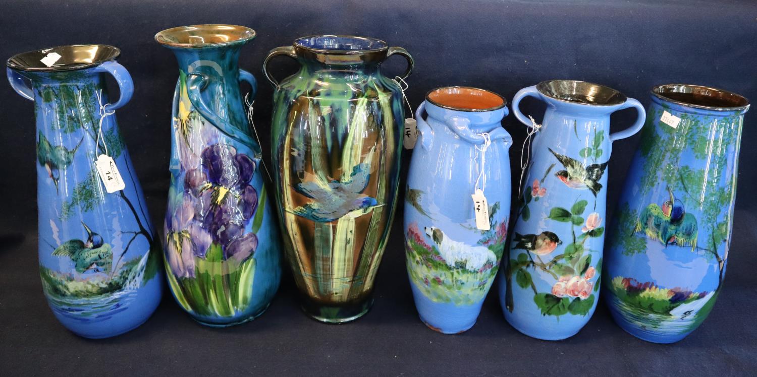 Six Torquay pottery Lemon and Crute vases of varying forms decorated with kingfisher, birds, foliage