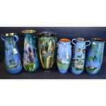 Six Torquay pottery Lemon and Crute vases of varying forms decorated with kingfisher, birds, foliage