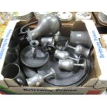 Box of assorted pewter to include; chargers, tankards, goblets, water jug, chamber stick etc. (B.