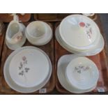 Two trays of Royal Doulton English china 'Pillar Rose' design dinnerware to include; lidded