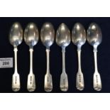 A group of six silver fiddle pattern dessert spoons with mixed hallmarks. 8.9 troy ozs approx. (