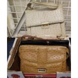 Box of vintage bags to include; a cream ostrich skin bag with strap and matching purse, a light