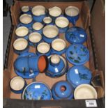 Box of Torquay pottery Lemon and Crute blue ground bird and floral items to include; jars and