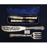 Cased silver bladed presentation knife and fork set, Birmingham hallmarks. Together with a good pair