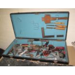 Two vintage wooden stained carpenters tool box, the interior revealing assorted tools, hammers,
