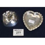 Small silver heart shaped dish and a silver apple shaped jar cover. 2 troy ozs approx. (2) (B.P. 21%