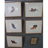 Group of five furnishing pictures depicting antique ladies shoes, coloured prints. 14 x 22cm approx.