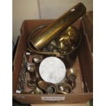 Box of assorted brassware, various to include; trench art shell case, trivet stand, candlesticks,