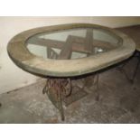 Garden table, the base a cast iron vintage Singer sewing machine stand. (B.P. 21% + VAT)