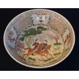 Chinese European design bowl decorated with mounted figures and hounds to the interior and geometric