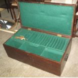 19th Century stained pine two handled trunk, the interior revealing compartments for a porcelain