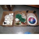 Three boxes of assorted china, various to include; Royal Doulton 'Pierrot' collectors plate, oval