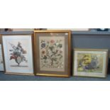 Three furnishing pictures to include; botanical study, coloured print, a needlepoint panel depicting