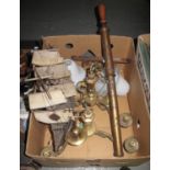 Collection of items to include; vintage garden sprayer, model study of a ship, brass ceiling