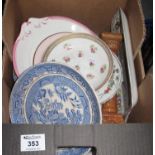 Box of assorted china, various to include; 19th Century and other pottery and porcelain plates,