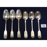 Six Georgian silver fiddle pattern tablespoons, two groups of three each with matching hallmarks. 14