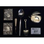 Assorted items of silver including; circular cushion shaped vesta case and small repousse silver