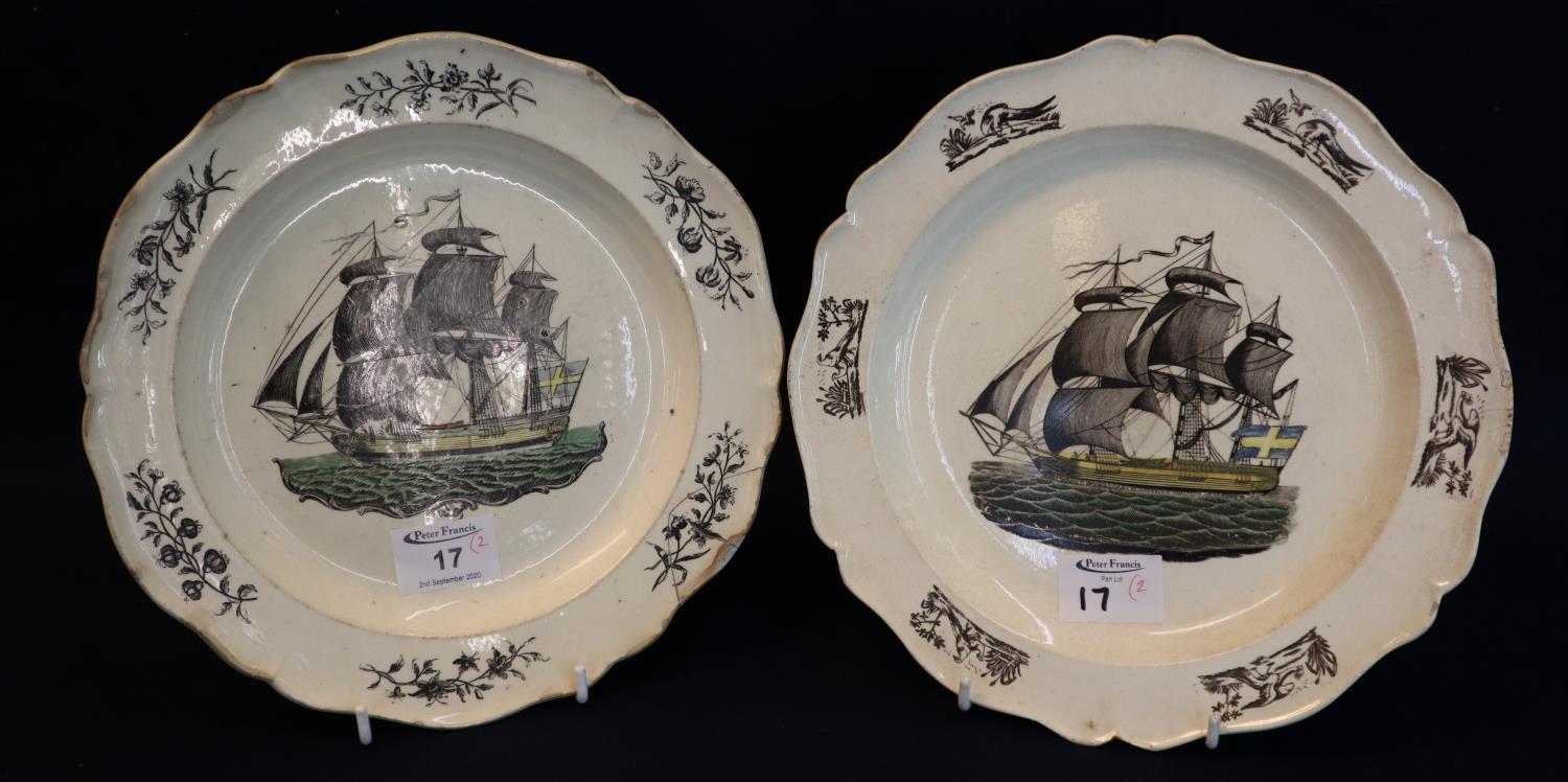 Two similar 19th Century creamware pottery ships plates with frilled edges and floral and bird