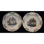Two similar 19th Century creamware pottery ships plates with frilled edges and floral and bird