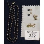 String of black freshwater pearls and assorted yellow metal earrings etc. (B.P. 21% + VAT)