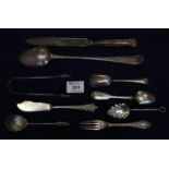 Bag of assorted silver and plated cutlery, assorted to include; Georgian silver basting spoon
