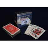Silver rectangular shaped playing card box with hinged cover having card cut leading edge and