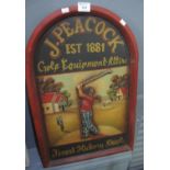 Reproduction golfing advertising sign decorated with golfer in relief and marked 'J. Peacock