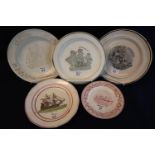 A group of 19th Century creamware and other ship plates, including; frigate setting sail, an iron