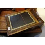 Victorian brass bound walnut writing slope with tooled leather surface and fitted interior. 35 x