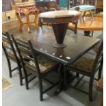 Mid Century stained oak refectory type table, together with a set of five stained ladder back dining