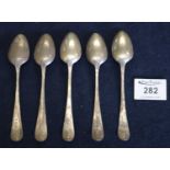 Set of five matching Georgian Old English design teaspoons. 0.2 troy ozs approx. (B.P. 21% + VAT)