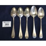 Four Victorian Irish silver teaspoons, together with another Georgian similar. 4 troy ozs approx. (