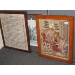 Group of assorted furnishing pictures to include; Berlin woolwork, tapestry sampler, coloured