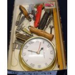Small tray of assorted items including; pen knives, corkscrew, folding ruler, modern wall clock, odd