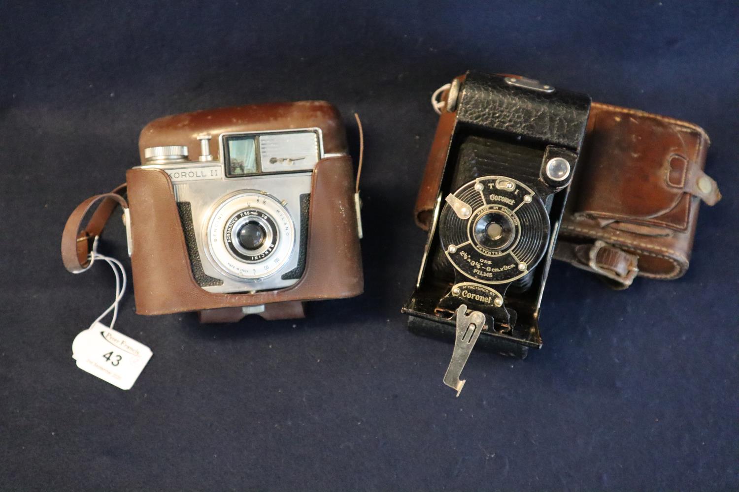 Kodak T1 Coronet folding bellows type camera in leather case, together with a Koroll II viewfinder