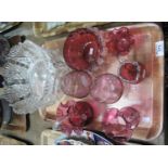 Tray of glass to include two fruit bowls, cranberry glass items; jug and single handled basket. (