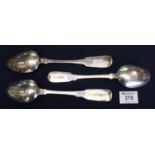 Two similar Irish silver fiddle pattern tablespoons and another similar with Exeter hallmark. 6.8