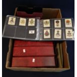 Box with collection of cigarette cards in six boxed albums. Good range of cards including military