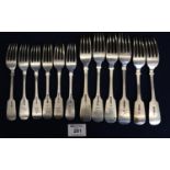 Similar set of six silver large fiddle pattern dinner forks, together with a similar set of six