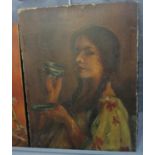 British School (20th Century), portrait of a young woman drinking tea, oils on board. (B.P. 21% +