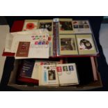 Box with mostly great Britain First day covers and PHQ cards in two albums and various packets. (B.