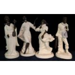 Four Mintons bronze and ivory pottery figurines to include; 'The Fisherman', 'Grecian dancer', '